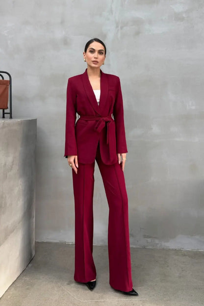 Ladies' Double Belted Blazer Jacket and Trouser Set - MYSTERYBOXS