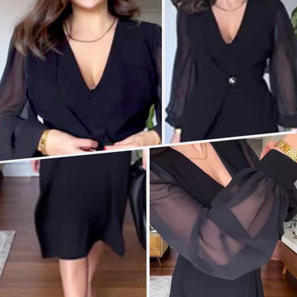 Elegant Ladies Lace Long Sleeve V Neck Dress - MYSTERYBOXS