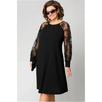 Lace Patchwork Dress with Long Sleeves and Round Neck - MYSTERYBOXS