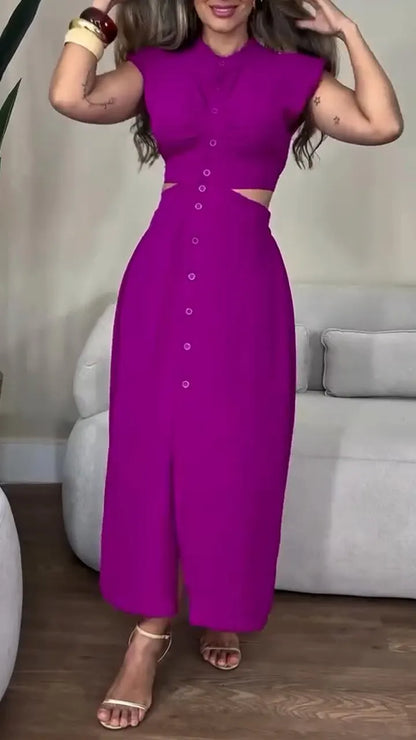 Women's Round Neck Buttoned Hollow Waist Casual Dress - MYSTERYBOXS
