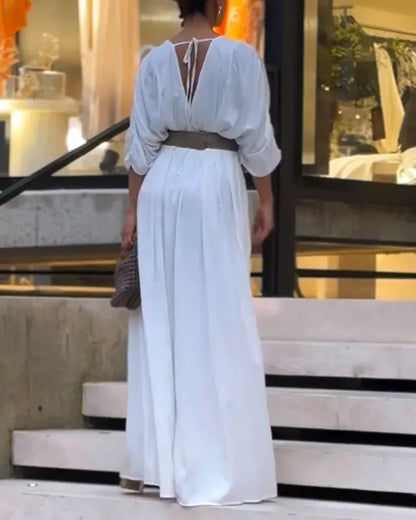 Women's V-Neck Half Sleeve Ruched Jumpsuit - MYSTERYBOXS