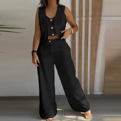 Women's 3 Pieces Outfits Metal Button Decor V Neck Sleeveless Tank Top and Casual Plain Loose Fit Pants Set - MYSTERYBOXS