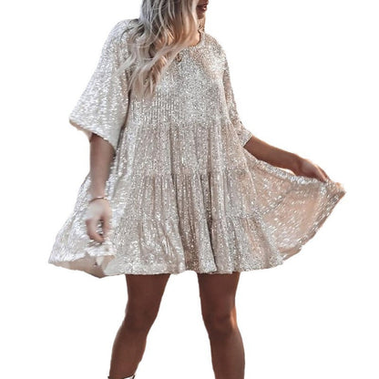 Summer High-end Women's Sequin Round Neck Loose French Dress Fairy Skirt - MYSTERYBOXS