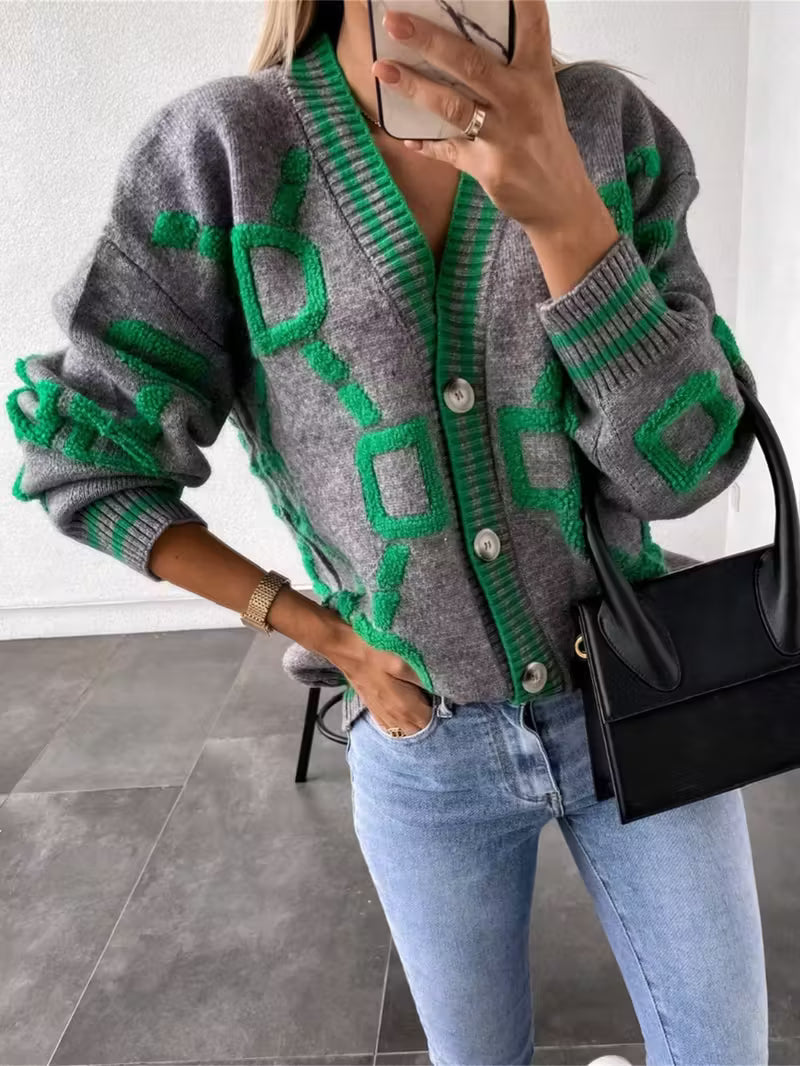 Jacquard color-blocked V-neck button-down cardigan sweater
