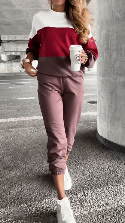 Women Round Neck Contrasting Top + Pants Casual Suit - MYSTERYBOXS