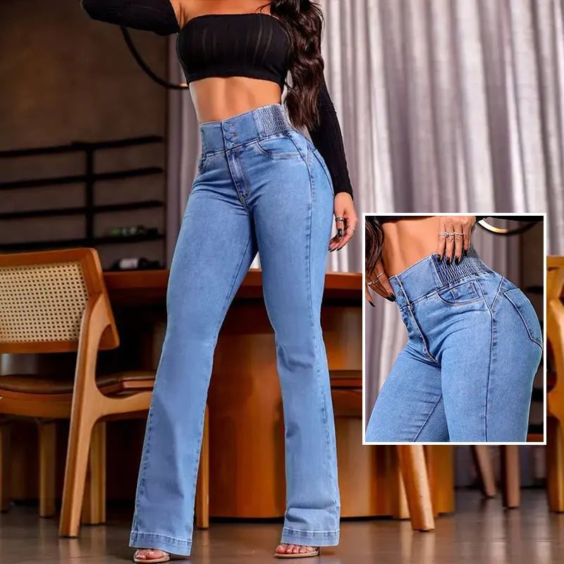 High-waisted gathered button jeans