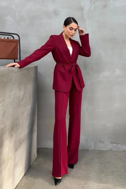 Ladies' Double Belted Blazer Jacket and Trouser Set - MYSTERYBOXS