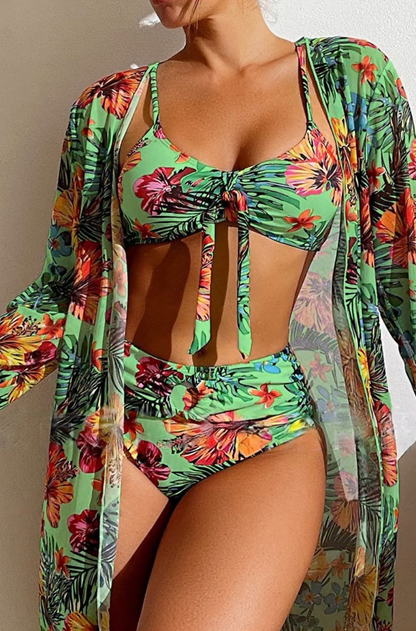 Women's 3-piece V-neck floral print bikini set - MYSTERYBOXS
