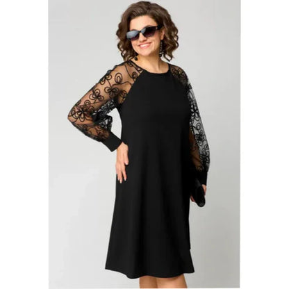 Lace Patchwork Dress with Long Sleeves and Round Neck - MYSTERYBOXS