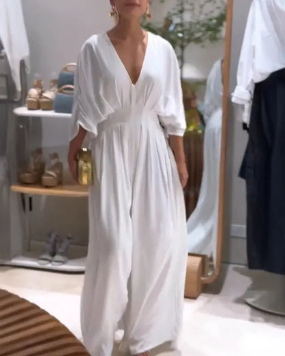 Women's V-Neck Half Sleeve Ruched Jumpsuit - MYSTERYBOXS