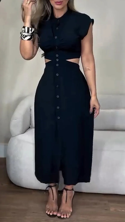 Women's Round Neck Buttoned Hollow Waist Casual Dress - MYSTERYBOXS