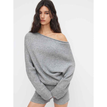 Off-Shoulder Textured Knit Sweater & Low-Waisted Tailored Shorts Co-ord