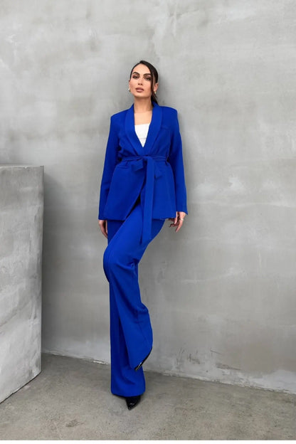 Ladies' Double Belted Blazer Jacket and Trouser Set - MYSTERYBOXS
