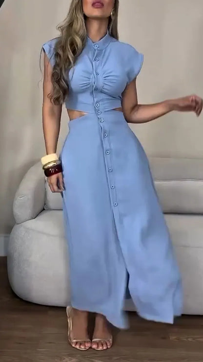 Women's Round Neck Buttoned Hollow Waist Casual Dress - MYSTERYBOXS