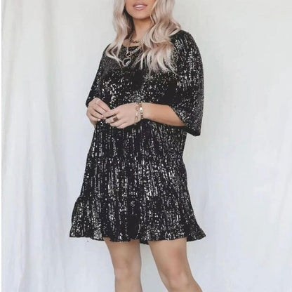 Summer High-end Women's Sequin Round Neck Loose French Dress Fairy Skirt - MYSTERYBOXS