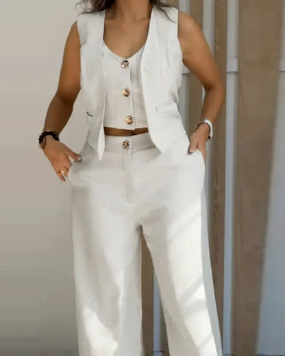 Women's 3 Pieces Outfits Metal Button Decor V Neck Sleeveless Tank Top and Casual Plain Loose Fit Pants Set - MYSTERYBOXS