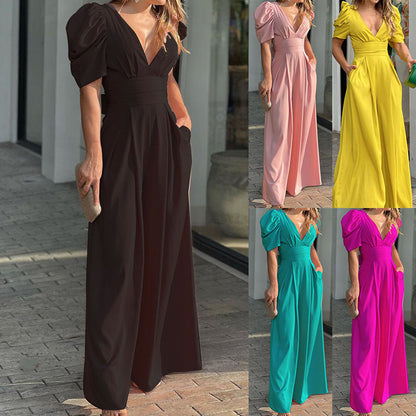 Women's Puff Sleeve Plunge Wide Leg Jumpsuit - MYSTERYBOXS