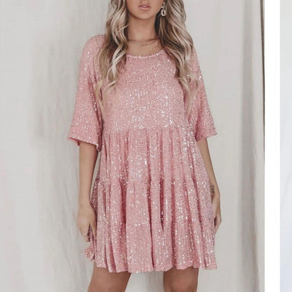 Summer High-end Women's Sequin Round Neck Loose French Dress Fairy Skirt - MYSTERYBOXS