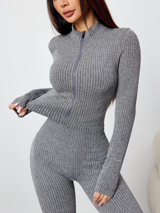 Chic Knit Two-Piece - Ribbed Jacket & High-Waisted Flare Pants