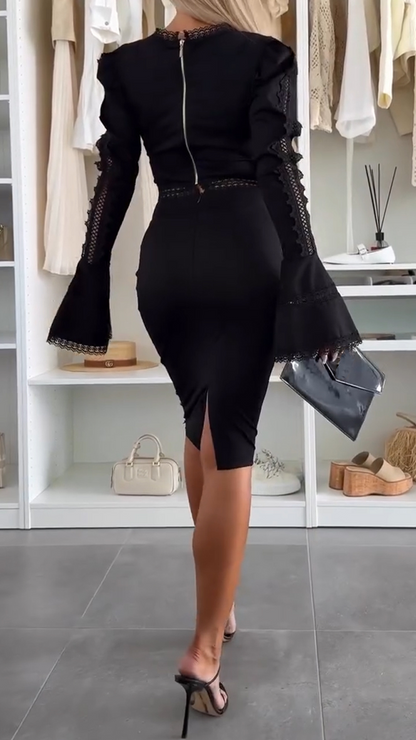 Ladies Round Neck Patchwork Top+ Skirt Elegant Temperament Set - MYSTERYBOXS