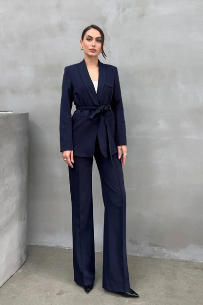 Ladies' Double Belted Blazer Jacket and Trouser Set - MYSTERYBOXS