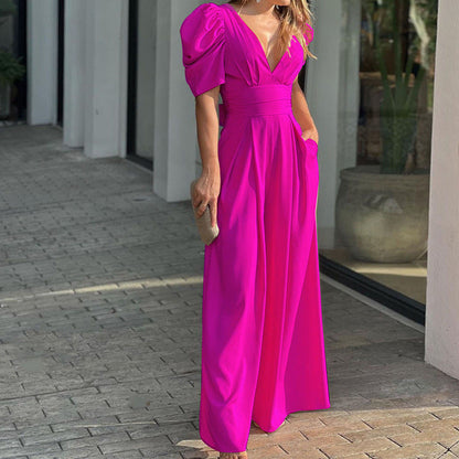 Women's Puff Sleeve Plunge Wide Leg Jumpsuit - MYSTERYBOXS