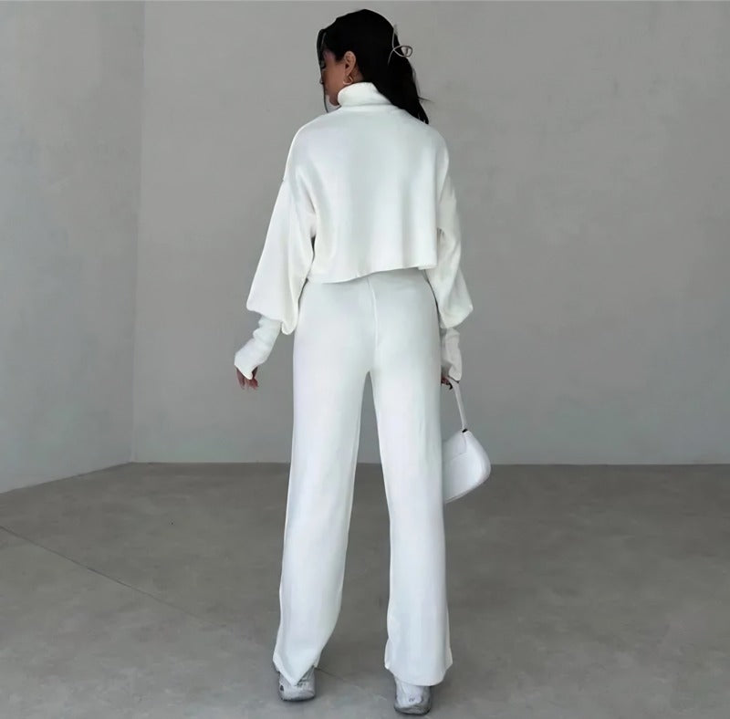 High-neck cropped sweater and high-waisted pants knit set