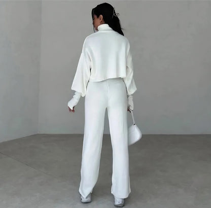 High-neck cropped sweater and high-waisted pants knit set