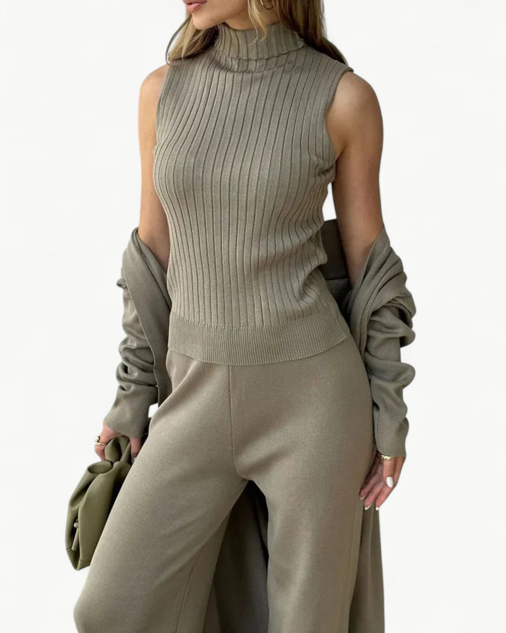 Turtle Neck Knit Tank 3-Piece Cardigan Set