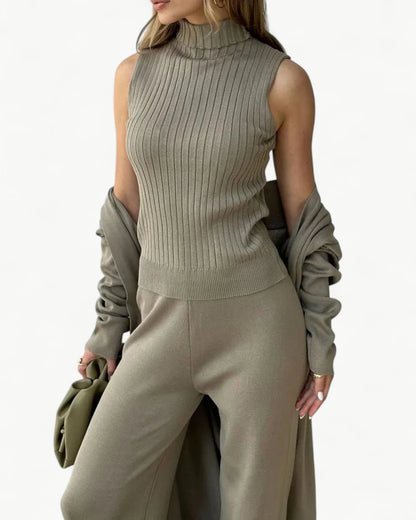 Turtle Neck Knit Tank 3-Piece Cardigan Set