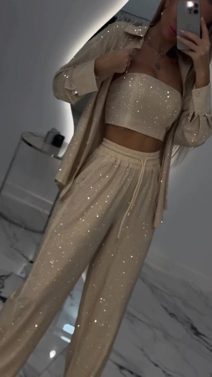 Women's Casual Three Piece Lapel Rhinestone Suit - MYSTERYBOXS