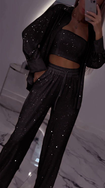 Women's Casual Three Piece Lapel Rhinestone Suit - MYSTERYBOXS