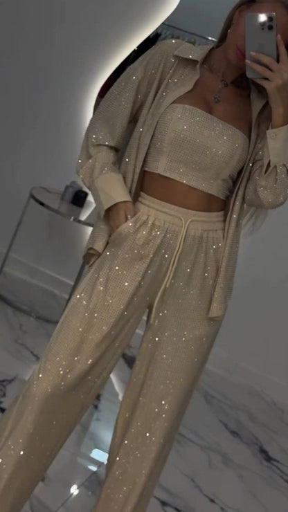 Women's Casual Three Piece Lapel Rhinestone Suit - MYSTERYBOXS