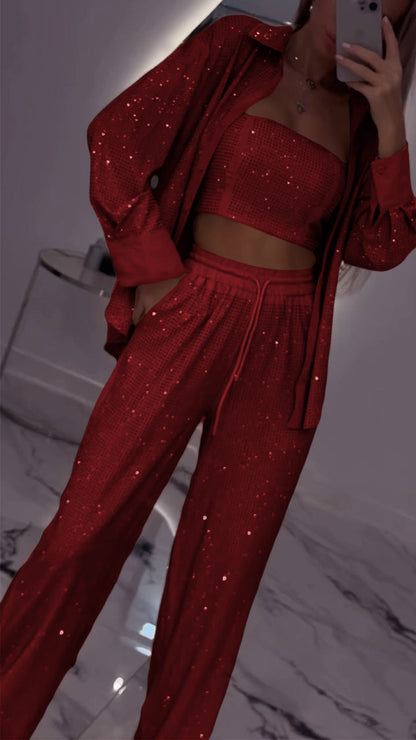 Women's Casual Three Piece Lapel Rhinestone Suit - MYSTERYBOXS