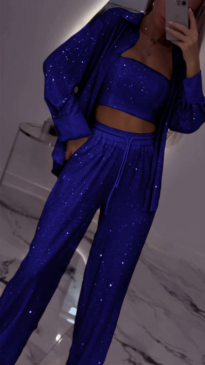 Women's Casual Three Piece Lapel Rhinestone Suit - MYSTERYBOXS