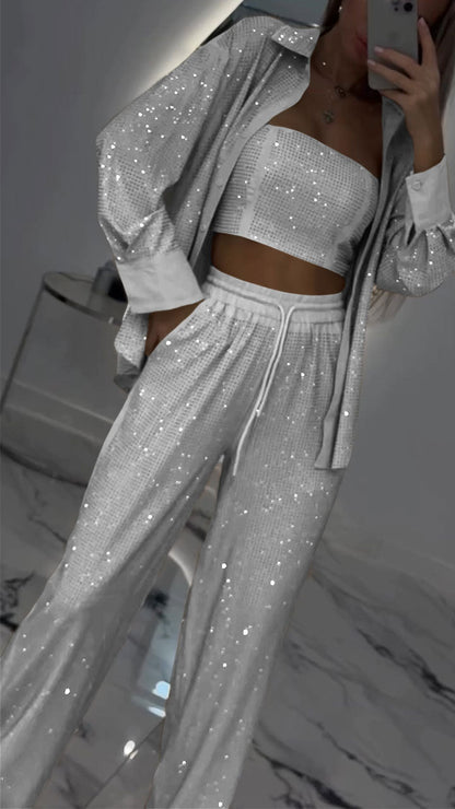 Women's Casual Three Piece Lapel Rhinestone Suit - MYSTERYBOXS