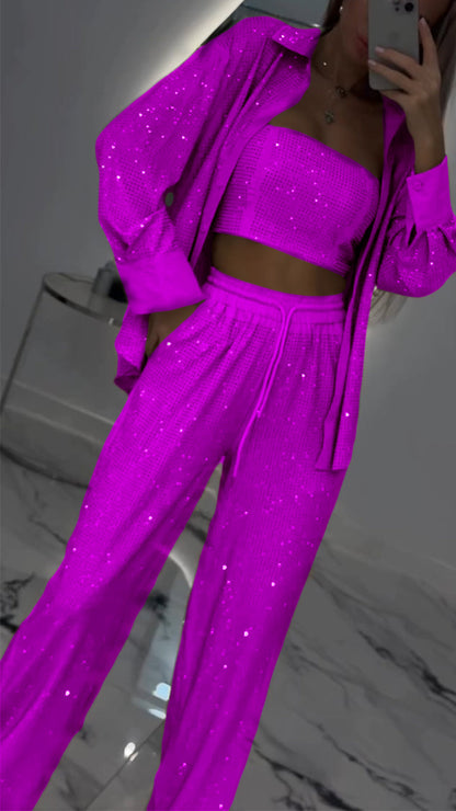 Women's Casual Three Piece Lapel Rhinestone Suit - MYSTERYBOXS