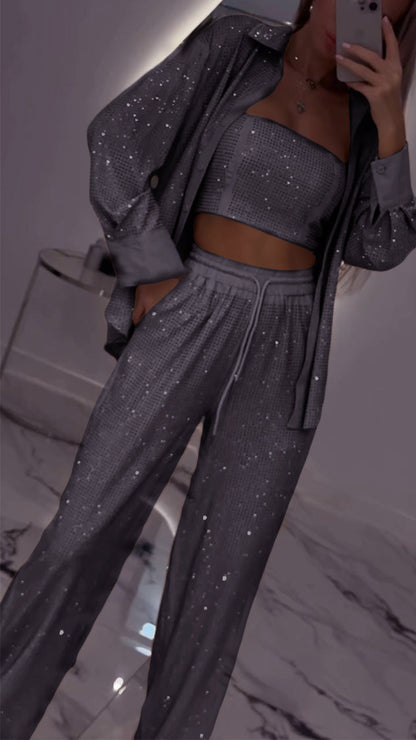 Women's Casual Three Piece Lapel Rhinestone Suit - MYSTERYBOXS