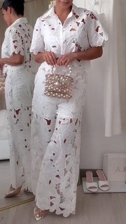Elegant Two Piece Set with Openwork Lace and Lapel for Women – Casual Chic Style ✨ - MYSTERYBOXS