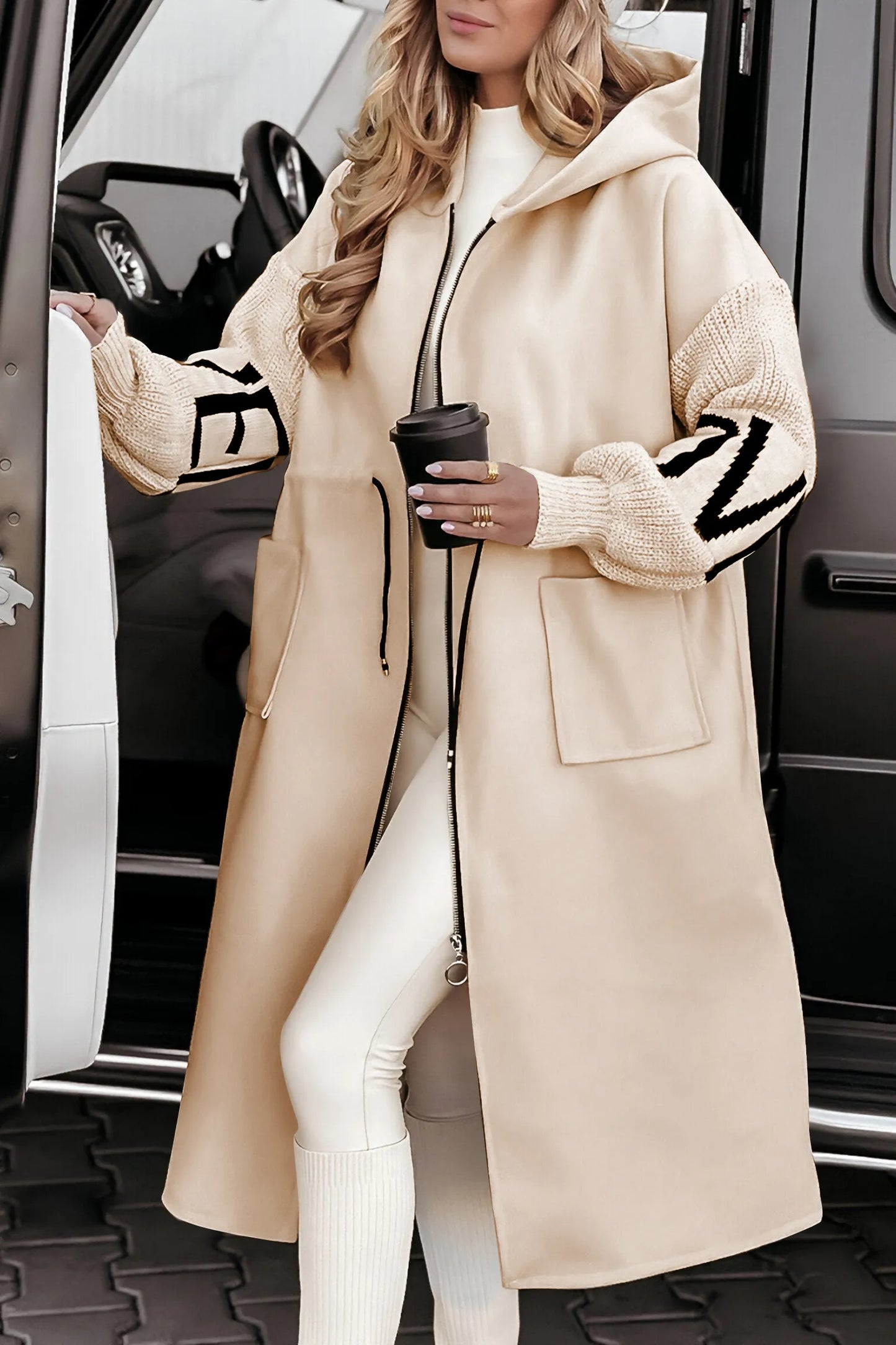 Women's Casual Patchwork Knitted Hooded Long-Sleeved Jacket