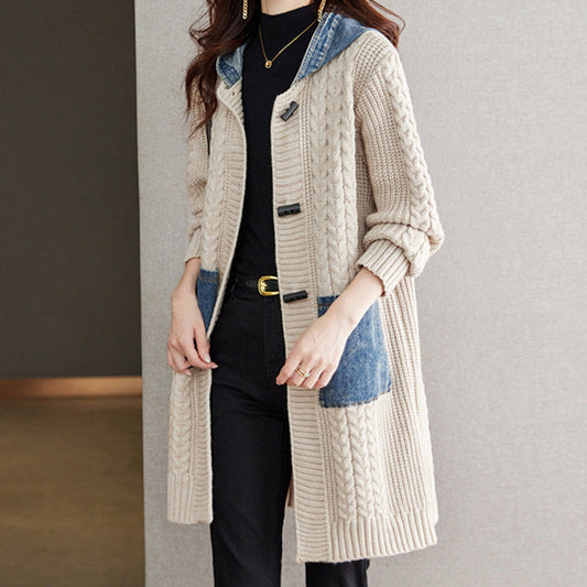 Button Detail Patchwork Knit Sweater Coat