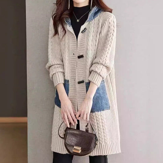 Button Detail Patchwork Knit Sweater Coat