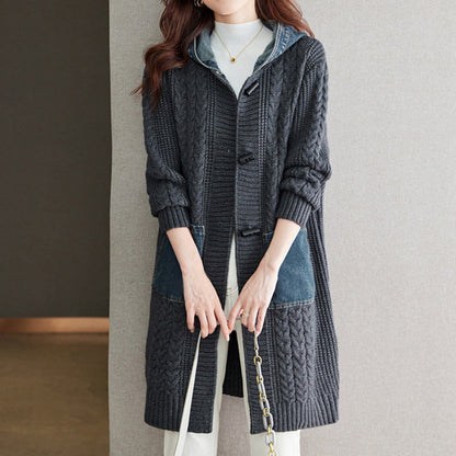 Button Detail Patchwork Knit Sweater Coat