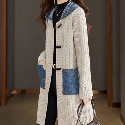 Button Detail Patchwork Knit Sweater Coat
