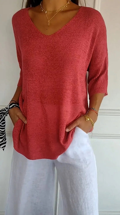 Rosel - Plain knitted top with V-neck