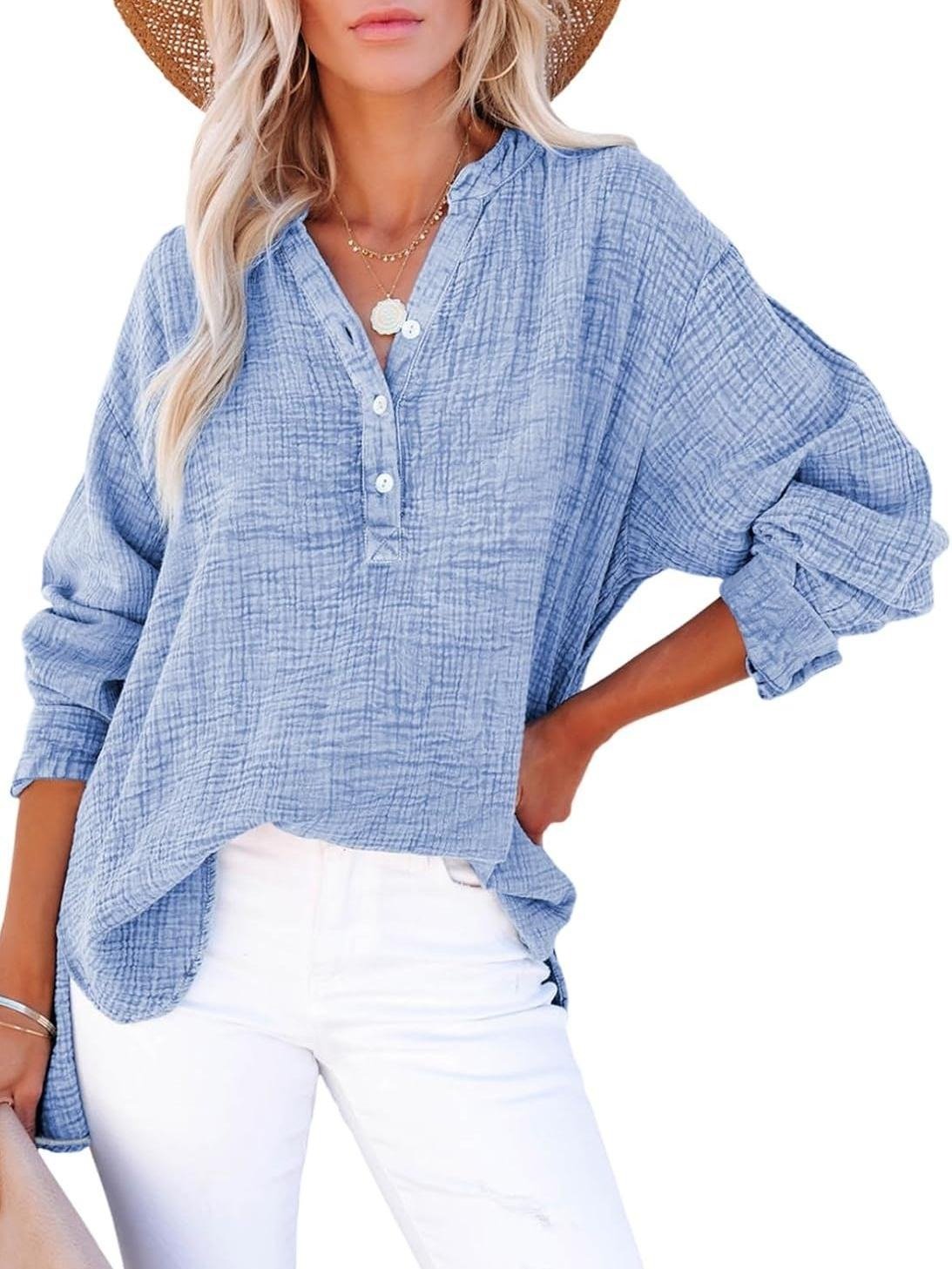 Womens Casual Button V Neck Long Sleeve Shirts Oversized Solid Blouses Tops