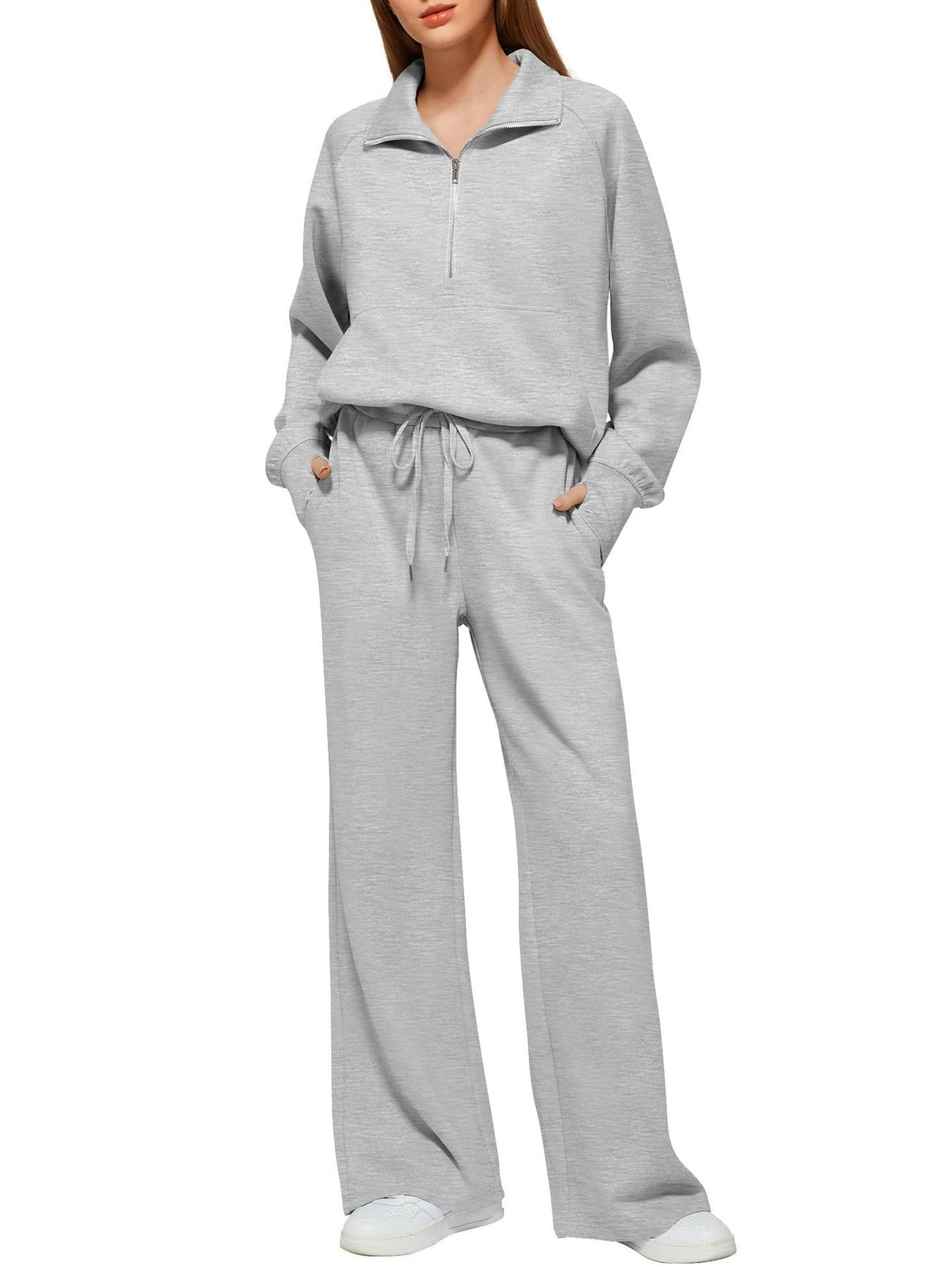 Women's Solid Color Cotton Half Zip Two-Piece Set