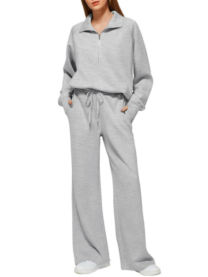 Women's Solid Color Cotton Half Zip Two-Piece Set