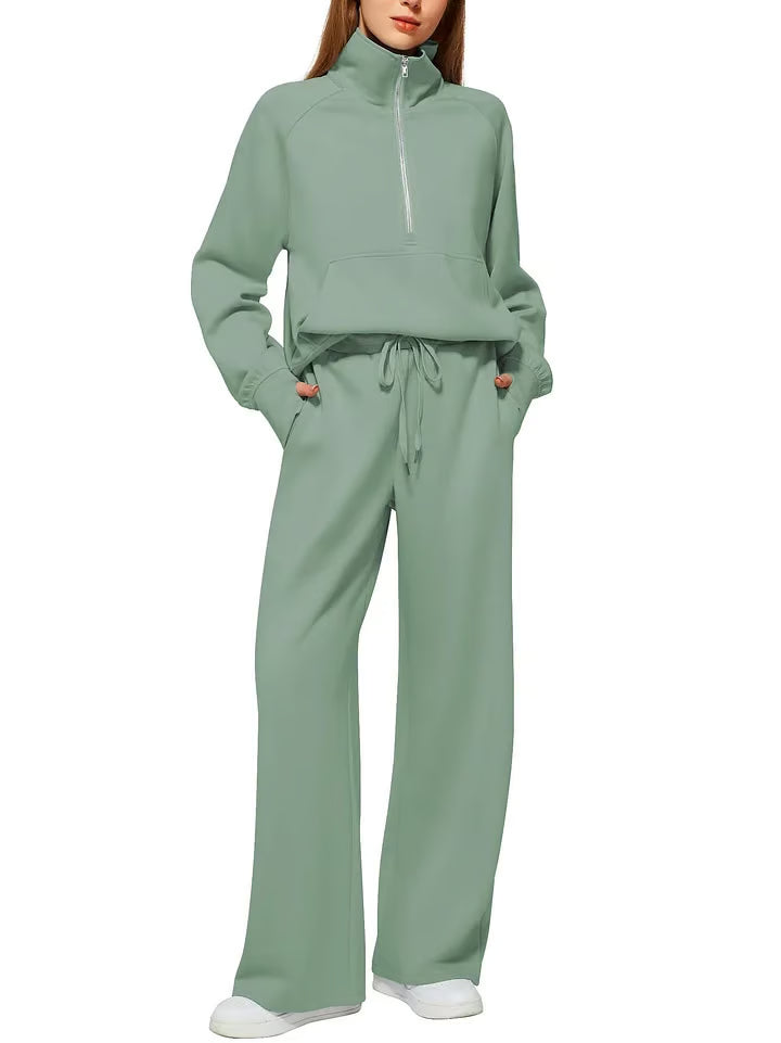 Women's Solid Color Cotton Half Zip Two-Piece Set