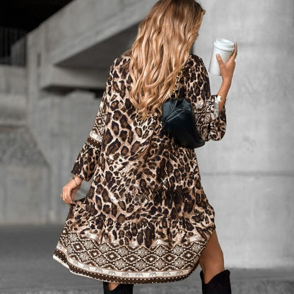 Elegant V-Neck Long-Sleeve Printed Dress